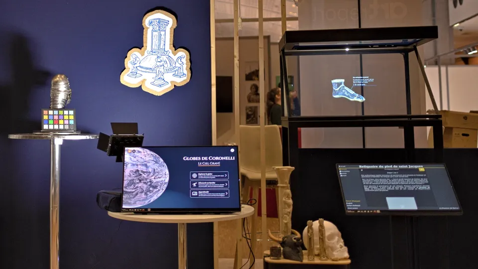 Holographic showcase and touch screens presenting digitized heritage collections