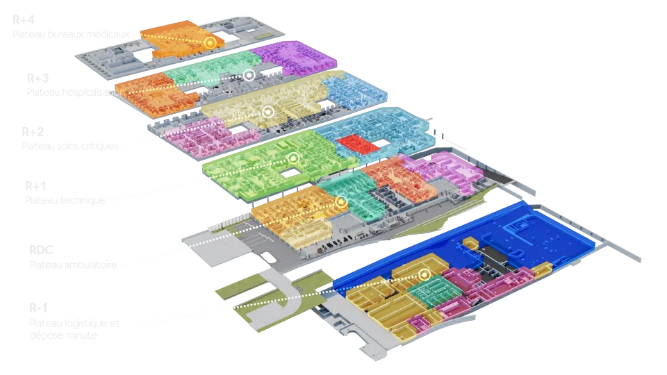 virtual model of a building in an exploded floor-by-floor view