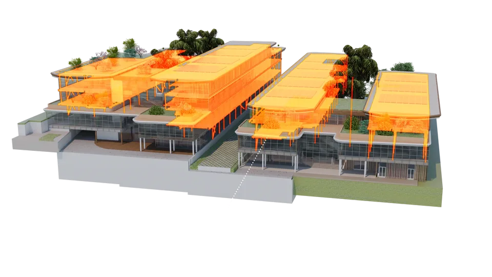 virtual model of a building showing technical roof structure information