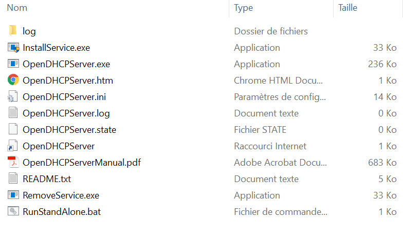 capture d'écran des fichiers composant le serveur OpenDHCP